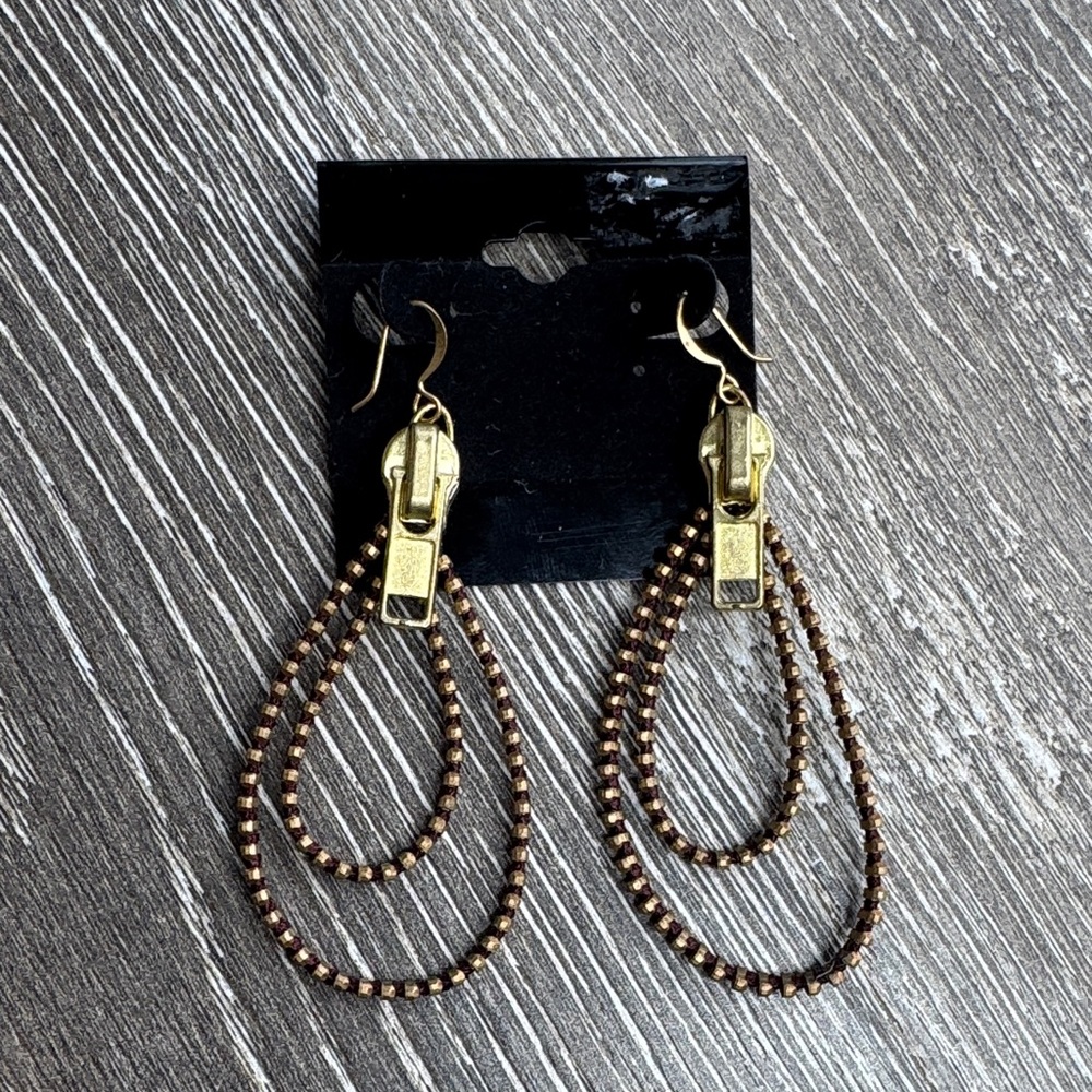 Vintage Gold and Brown Zipper Loop Earrings